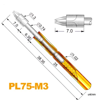 100 Adet / paket Bahar Test Pimleri PL75-M3 1.3 mm Üç sivri Uçlu Toplam Uzunluk 38.35 mm ICT Hassas yaylı Pin