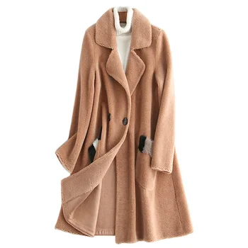 100 % Yün Ceket Kadın Koyun Shearlıng Kürk Ceketler Kış Uzun Palto Kore Dış Giyim Süet Astar MY3904