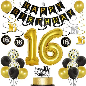 16th Doğum Günü Partisi Dekorasyon Siyah Altın Erkek Kız On Altı Mutlu Doğum Günü Afiş Asılı Swirls Doğum Günü Partisi Malzemeleri