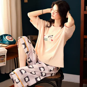 2020 Pijama kadın İnce Saf Pamuk Kısa Kollu M-XXL Boyutu Gevşek kızın Rahat Ev Kıyafeti Pijama Seti