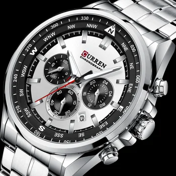 2021 CURREN Lüks Marka Saatler Erkekler için Rahat Sportif Kuvars kol saati paslanmaz çelik şerit Chronograph Saat Erkek Gümüş