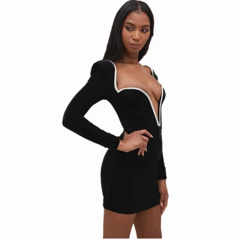 2021 Kadın Uzun Kollu Diamante Derin V-Pack Kalça Siyah Altın Kadife Aç Geri Halter Balo Patlayıcı Elbise