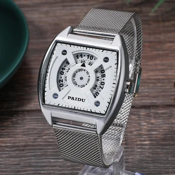 2021 Yeni Moda Tonneau Saatler Erkekler Spor Saatler Yaratıcı Dönen Kadran Siyah örme kayış Kuvars Saatı PAIDU Marka İzle