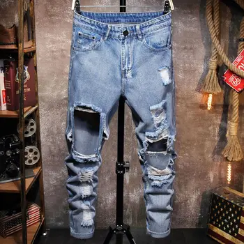 2021 Yırtık Delik Moda Erkek Kot Pantolon Rahat Sıska Düz Açık Mavi Biker Hip Hop Yüksek Sokak Kot Pantolon