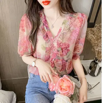 2021 yaz yeni stil yabancı stil ruffled bluz kadın moda V Yaka çiçek kısa kollu şifon gömlek