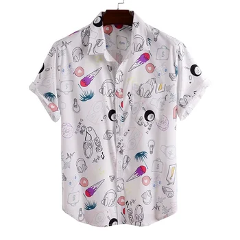 2022 Moda havai gömleği Erkek Komik Tarzı Karikatür Baskılı Kısa Kollu Beyaz Gömlek Erkekler Bluz Artı Boyutu Kore Giysi