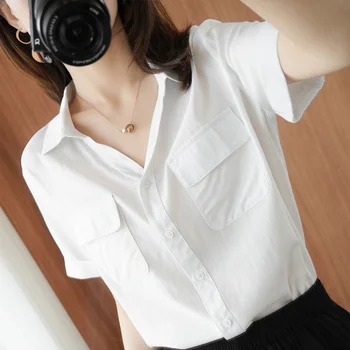 2022 Yaz Bluz Kore Kısa Kollu Beyaz Pamuklu Gömlek Bayan Üstleri ve Bluzlar Vintage Kadın Gömlek Blusas Feminina Üst Y963