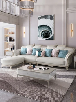 2022 yeni Amerikan kanepe ışık lüks deri köşe oturma odası modern minimalist retro katı ahşap Avrupa kombinasyonu mobilya