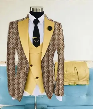 2022 Özel Lüks kabartmalı jakarlı resmi takım elbiseler erkekler için sarı 3 parça slim fit parti moda rahat erkek takım elbise Blazer