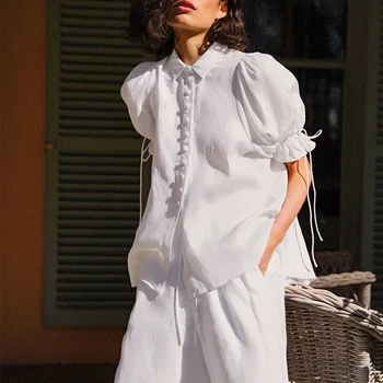 2023 Tek Göğüslü Rahat Beyaz Bluz Kadınlar Yaz Üst Bayanlar Puf Kısa Kollu Gömlek Lace Up Ruffled Zarif Bluz Pamuk
