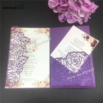 50 adet 2019 Lazer Kesim Gül çiçek Cep Düğün Davetiyeleri Kartı Kişiselleştirilmiş Özelleştirilmiş kartları RSVP Kartları Düğün Malzemeleri