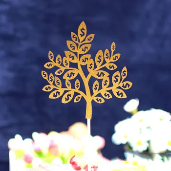 Altın Ağacı Ajur Para Desen Yaprakları Doğum Günü Pastası Dekor Topper Parti Kek Topper Parlak Altın Nakit İnek Tatlı Bayrağı