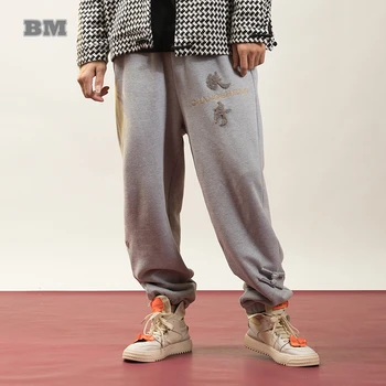 Artı Boyutu Kış Moda Kalın Polar Rahat pantolon Metin Nakış Çiftler Sweatpants Erkek Giyim Büyük Boy Spor Pantolon