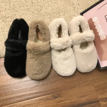 Asakuchı Kış Düz pamuklu ayakkabılar Rahat Polar Kadın Ayakkabı Moda Kısa Peluş Bayanlar yarım çizmeler Düz Renk Kapalı Daireler Yeni