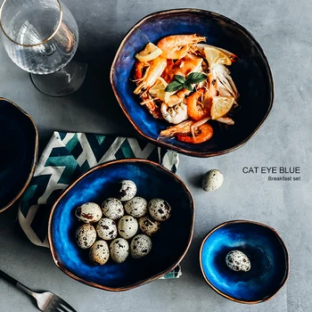 Avrupa Düzensiz Mavi Seramik Kase Mutfak çatal bıçak kaşık seti Şekilli salata kasesi Pişirme Tabağı Meyve Yemekleri Otel Mağaza Dekorasyon Yeni