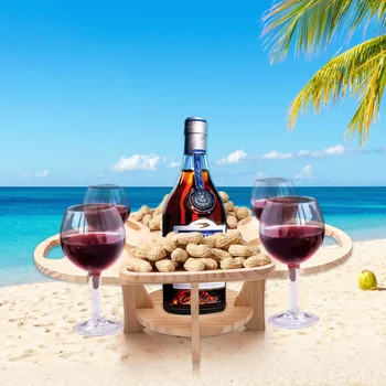 Açık Ahşap Katlanır Kamp Piknik Masa Çiftler İçin Çıkarılabilir Aperatif Tepsisi Ve şarap bardağı Tutucular Mini katı ahşap Şarap Masası