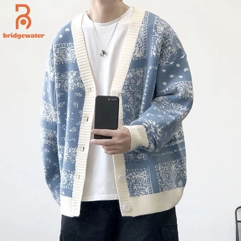 BRİDGEWATER Japon Hırka Erkek Kazak 2021 Kış Klasik Kaju Çiçekleri Ceket Moda Gevşek Harajuku Örme Kazak