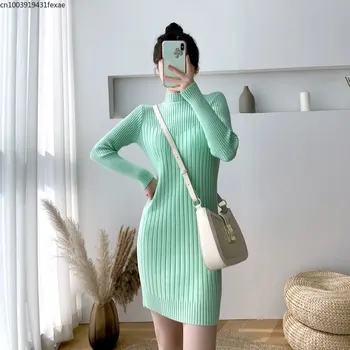 Balıkçı yaka Kazak Uzun Kollu Kazak Kadınlar Zarif İnce Elbise Kore yeşil Basit Orta uzunlukta İnce Bayan Bahar Sonbahar Elbise