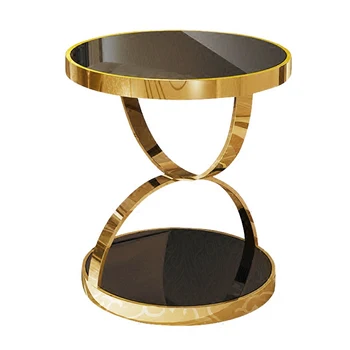 Basit Paslanmaz Çelik Altın Yuvarlak çay masası Telefon Yaldızlı Sertleştirilmiş Cam Kanepe Köşe Masa Yan Sehpa