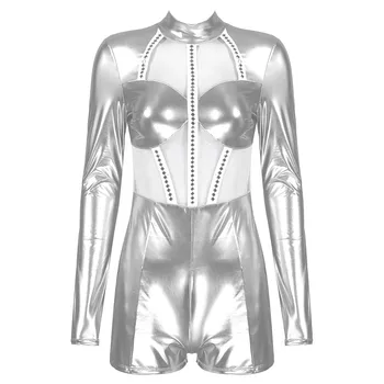 Bayan Metalik Parlak Bodycon Bodysuit Wetlook Patent Deri Romper Tulumlar Yüksek Boyun See-through Mesh Patchwork Seksi Catsuit