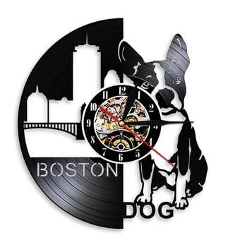 Boston Terrier Köpek Duvar Saati Köpek Pet Shop Burcu Vinil Kayıt duvar Saati Köpek Irkları Fransız Bulldog Duvar Sanatı Yavru Köpek Sahipleri Hediye