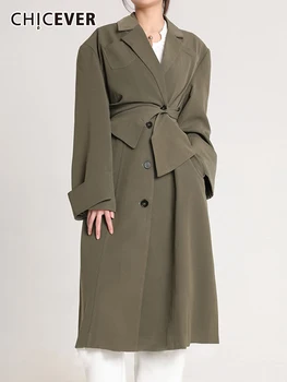 CHICEVER Vintage Yeşil Siper Kadınlar İçin Gevşek Yüksek Bel Yaka Uzun Kollu Rüzgarlık Kadın 2022 Sonbahar giyim Moda Yeni
