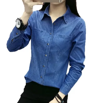 Denim Gömlek Kadın 2022 Bahar Sonbahar Uzun Kollu Kovboy Bluz Kadın Öğrenci Hırka Ceket Bayanlar moda üst giyim