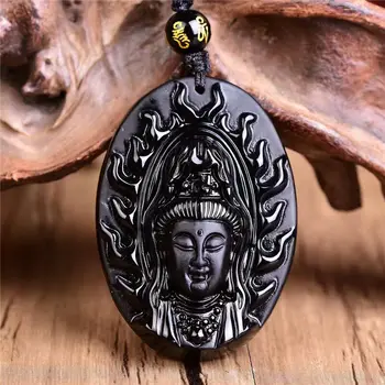 Doğal Obsidyen Otoriter Avalokitesvara Kolye Takı Güzel Takı Şanslı Kovmak kötü ruhları Muska Kolye Takı