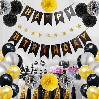 Doğum günü partisi balon seti siyah altın kağıt çiçek topu beş köşeli yıldız kağıt dize püskül doğum günü bayrağı balon seti