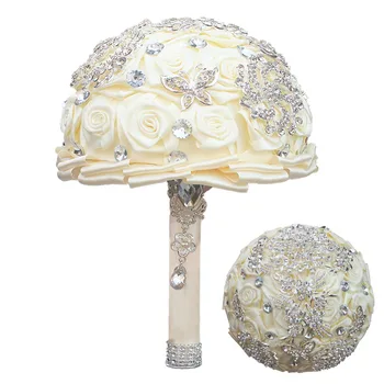 El yapımı Çapı 18 cm Düğün Buketleri Gümüş Rhinestone Broş Aksesuarları fildişi Kurdele Gül Düğün Çiçek Gelin Buketi