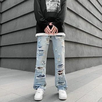 Erkek Moda Marka Yüksek Sokak Delik Kot Düz Tüp Düzensiz Gevşek Geniş Bacak Dilenci Denim Pantolon