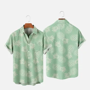 Erkek Moda Y2K T-Shirt havai gömleği Ananas 3D Baskı Rahat Rahat Bir Düğme Kısa Kollu Plaj Büyük Boy Elbise 5