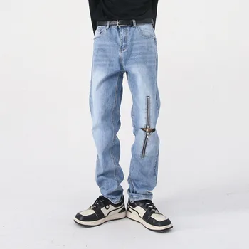 Erkekler Yüksek Sokak Diz Yırtık Fermuar Delik Rahat Kot Kot Pantolon Erkek Kore Streetwear Moda Slim Fit Kot Pantolon