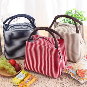 Eğlence Taşınabilir Öğle Yemeği saklama çantası Tuval Çizgili Öğle Yemeği Çantaları Yalıtımlı Soğutucu Çanta Termal Gıda Piknik Çantaları Kadın Çocuk