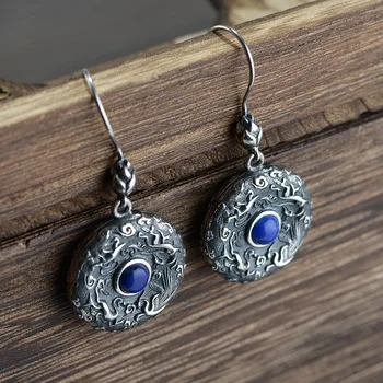 FNJ 925 Gümüş Yuvarlak Küpe Kadınlar Takı için 100 % S925 som gümüş damla küpeler Doğal Lapis Lazuli