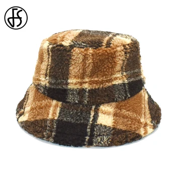 FS 2021 Kahverengi Ekose Lambswool Şapka Açık Sıcak Rüzgar Geçirmez kova kapağı Kış Şapka Kadın Erkek Streetwear Hip Hop Kapaklar Bob Femme