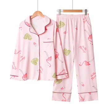 Flamingo Baskı Pijama 100 % pamuklu uzun kollu tişört Pijama Kadın Turn-aşağı Yaka Pijama Mujer Loungewear Pijama Ev Giysileri