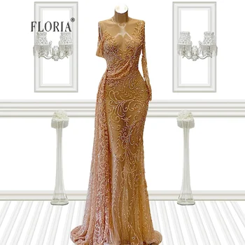 Floria Illusion Şampanya Boncuklu Uzun Balo Parti Törenlerinde Köpüklü Mermaid Örgün Akşam Elbise Vestido De Noite Custom Made