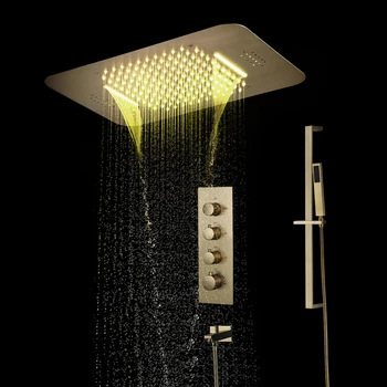 Fırçalanmış Altın Paslanmaz Çelik Banyo Duş Başlıkları Termostatik Duş Bataryası Duvara Monte Yağmur Gizli Duş Seti Akıllı LED