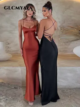 GLCMYAYA Kadın Spagetti Kayışı Backless Kolsuz Saten Maxi uzun elbise 2023 INS Akşam Seksi Parti Kulübü balo kıyafetleri Vestidos