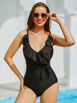 Gossına kadın Mayo Tek Parça Katı Siyah Mayo Fırfır Bodysuit Plaj Mayo mayo Kadın Monokini 2022