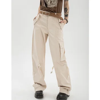 Haki Tulum Kadın Pantolon Yüksek Bel Vintage Eğlence Düz Baggy Sonbahar Streetwear Hip Hop Tarzı Cep Geniş Bacak Pantolon