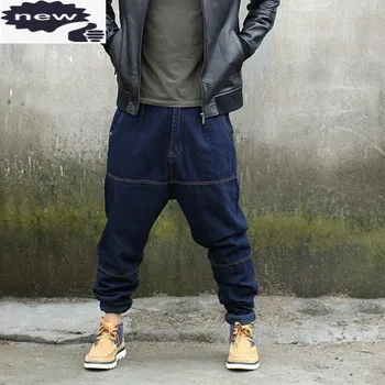 Hip Hop Kore Erkek Tam Boy Çapraz Denim Harem Gevşek Fit Artı Boyutu S-4XL Moda Sokak dans Asılı havuç pantolon