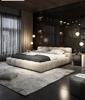 Italyan minimalist deri yatak high-end modern lüks basit yumuşak yatak ana yatak odası çift tasarımcı puf yatak