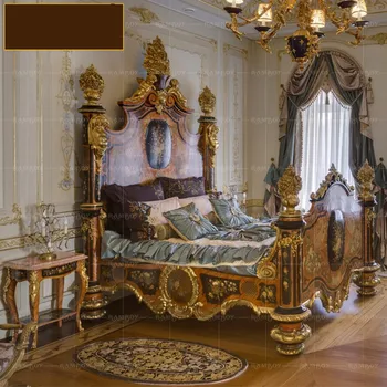 Italyan tarzı çift kişilik yatak Avrupa tarzı katı ahşap oyma yatak villa ana yatak odası lüks Kraliyet asil düğün yatak