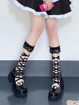 Japon Kawaii Lolita Dantel Siyah ve Beyaz Fishnet Çorap Kadın Pembe Yay Kişilik Nokta Baskı Diz Boyu Çorap Sevimli Tatlı 2022