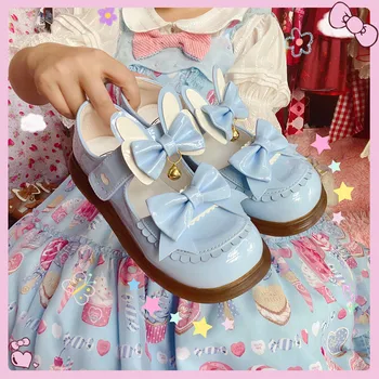 Japon tatlı kız lolita ayakkabı sevimli dantel ilmek kawaii tavşan ayakkabı vintage yuvarlak kafa rahat kadın ayakkabı loli cosplay