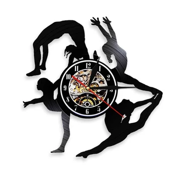 Jimnastik Kızlar Siluetleri duvar saati Spor Kız Tumbling Gölge Sanat Vinil kayıt saati Jimnastikçi Retro Vinil Disk El Sanatları İzle