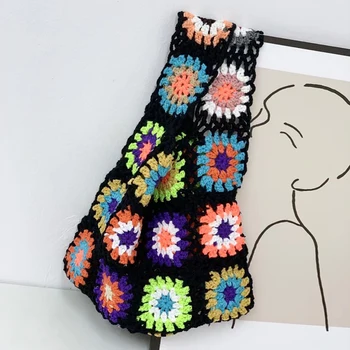 Kadın büyük el çantası Çantası 2022 Yün İplik Çanta Kız Alışveriş Moda Rahat Sevimli El Hollow Out Örme Renkli Çiçekler Üst Kolu Çanta