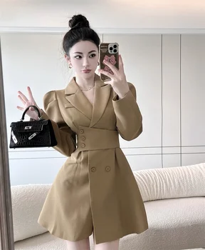 Kadınlar Için yeni Lüks Tasarım Katı Güz Kış Mini Elbise Puf Kollu Çentikli Yüksek Bel Ince Ofis Elbiseler Kadın Giyim